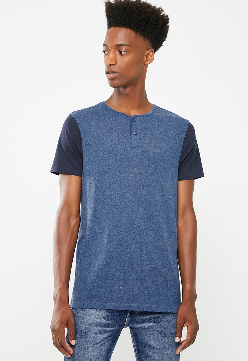 Brave Soul - Civil V-neck with button up closure T-shirt - blue