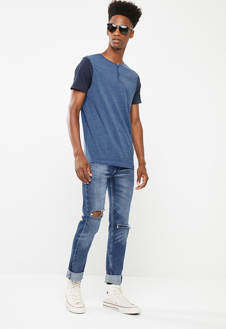 Brave Soul - Civil V-neck with button up closure T-shirt - blue