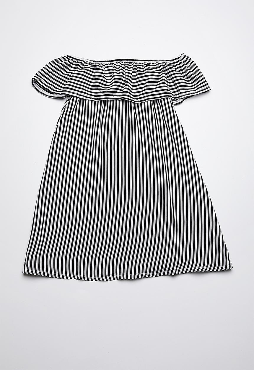 Rebel Republic - Bardot frill dress - black & white stripe