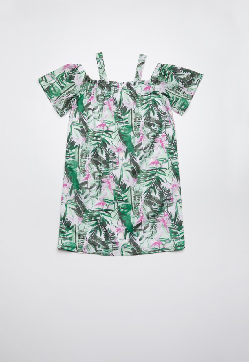 Pop Candy - Cold shoulder tropical dress - green