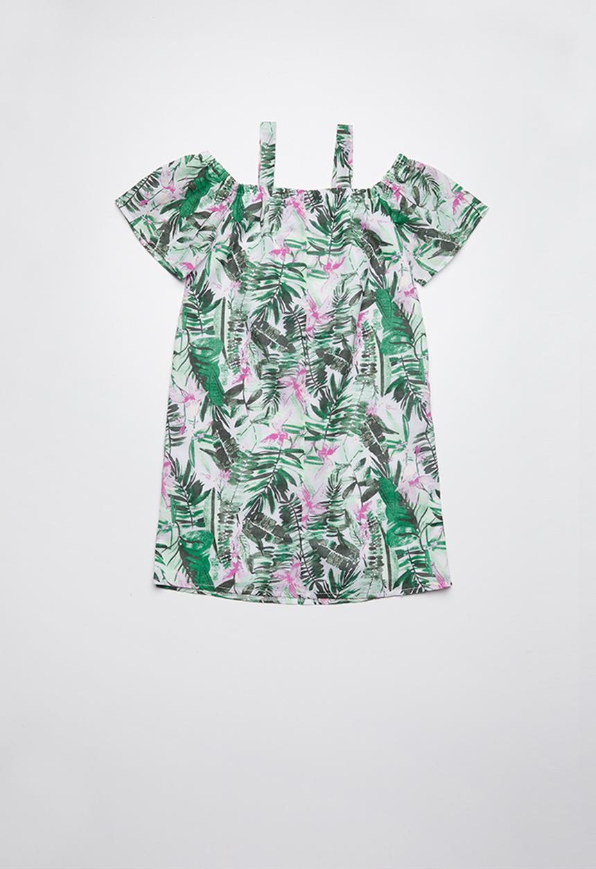 Pop Candy - Cold shoulder tropical dress - green