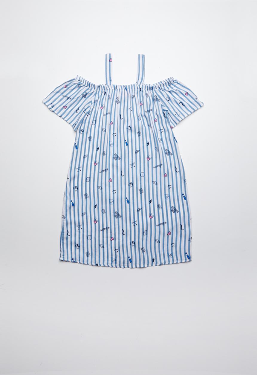 Pop Candy - Cold shoulder graphics strip print dress - blue