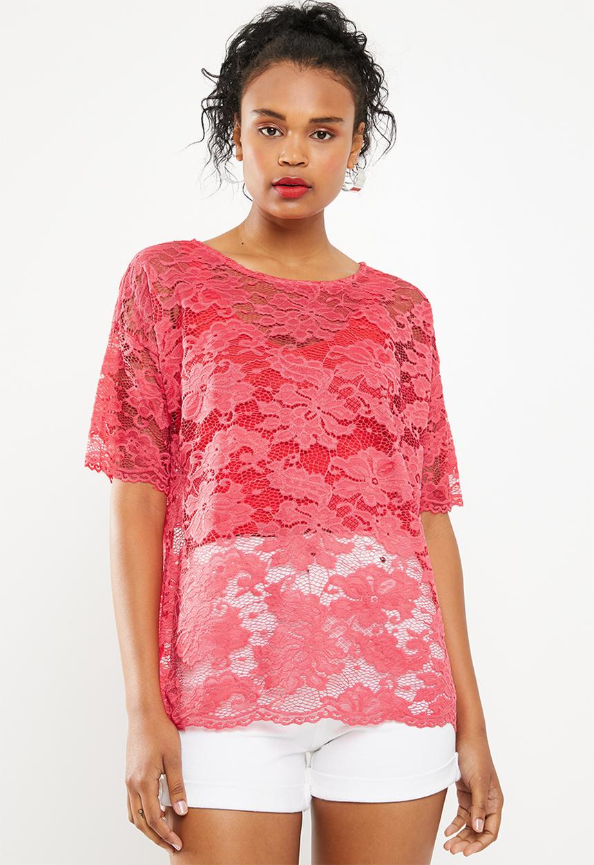 Jacqueline de Yong - Juan short sleeve lace top - red