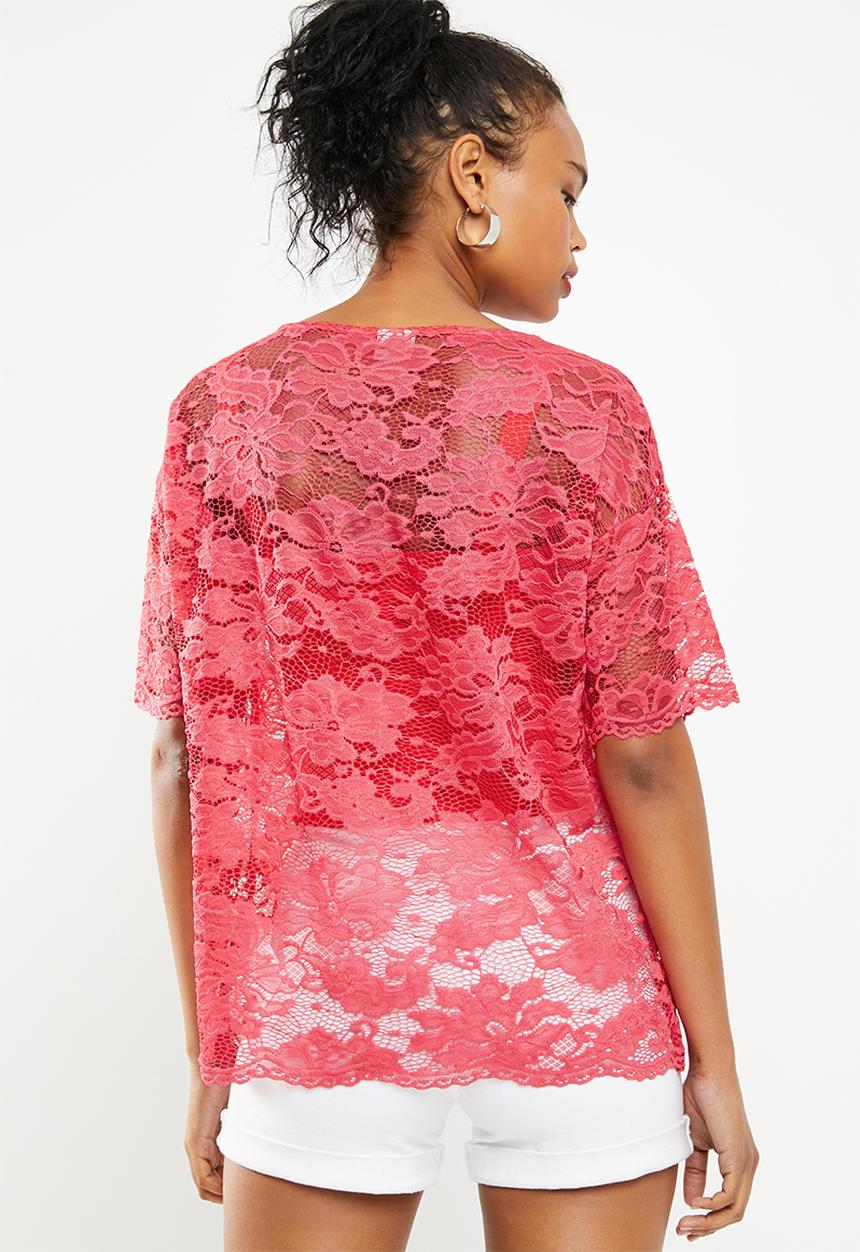 Jacqueline de Yong - Juan short sleeve lace top - red