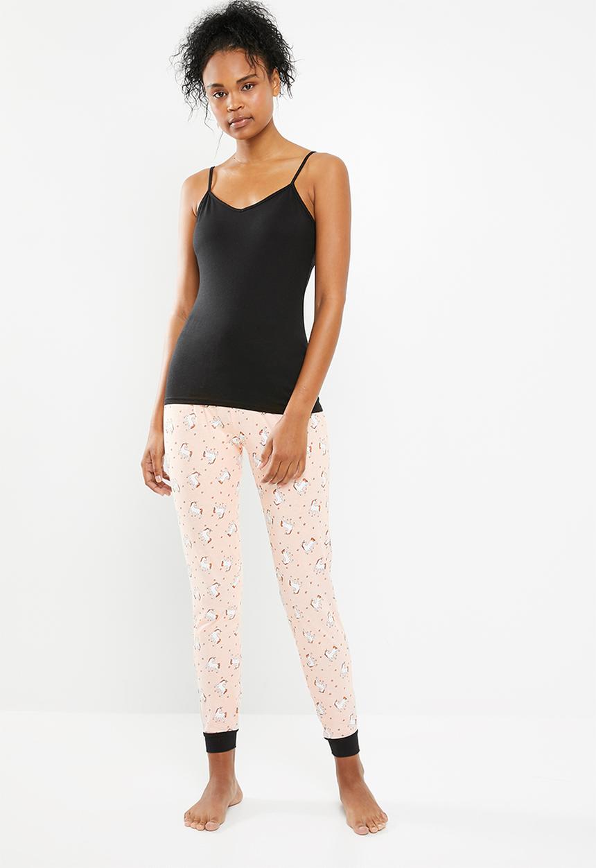 New Look - Unicorn jogger pyjama set - black & pink 