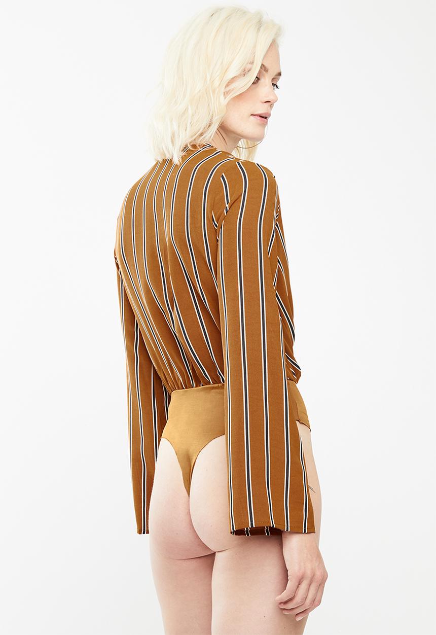 Missguided - Stripe drape plunge flare sleeve bodysuit - bronze