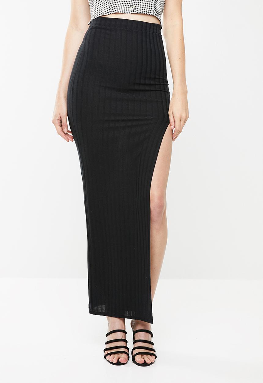 Missguided - Ribbed slit front maxi skirt - black