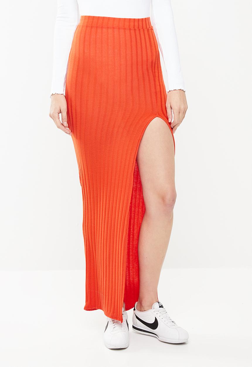 Missguided - Ribbed slit front maxi skirt - orange