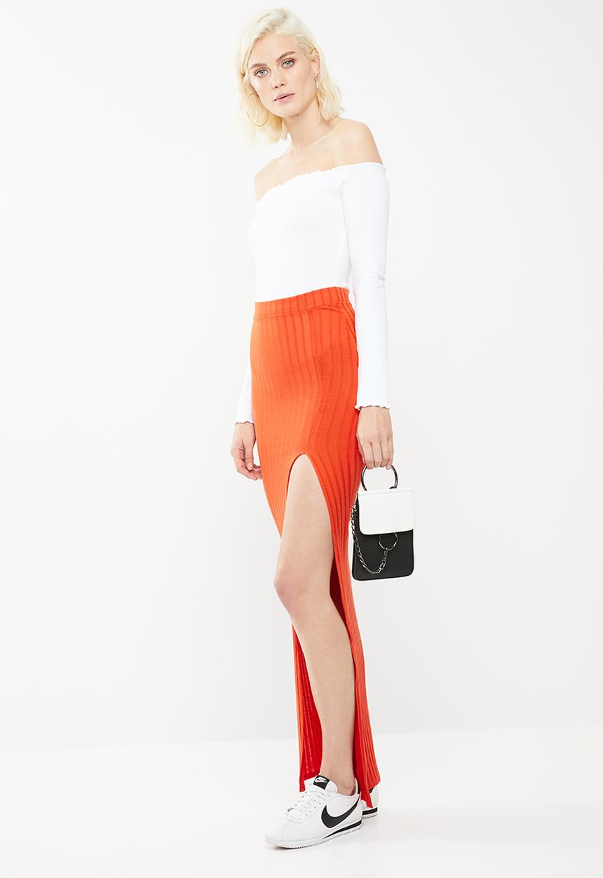 Missguided - Ribbed slit front maxi skirt - orange