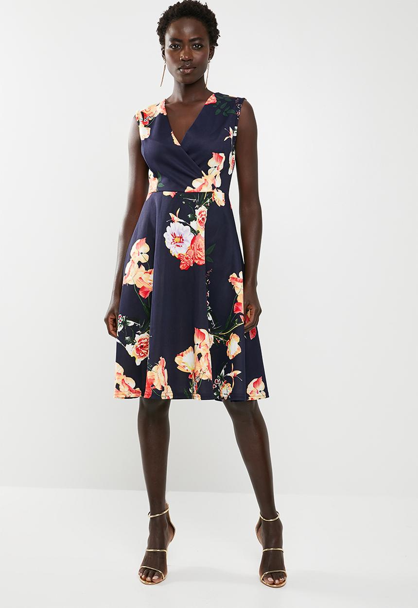 edit - Wrap front fit and flare dress - navy floral
