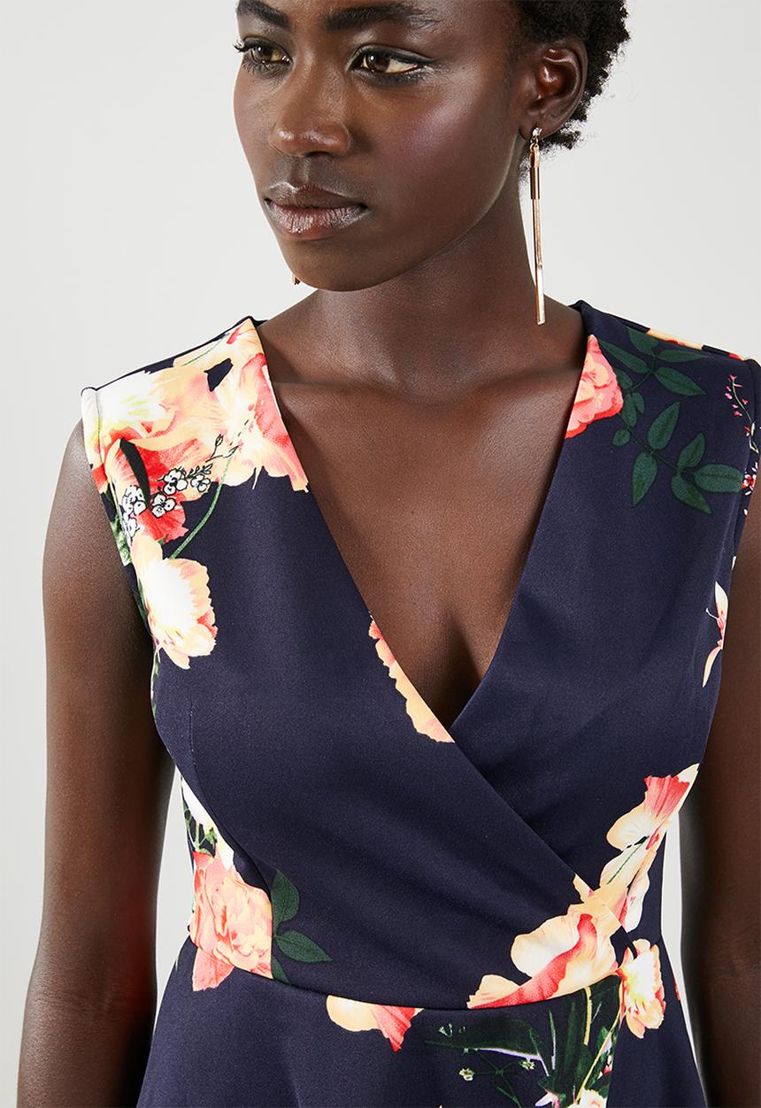 edit - Wrap front fit and flare dress - navy floral