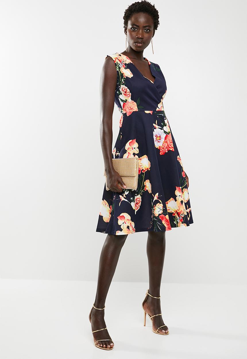edit - Wrap front fit and flare dress - navy floral