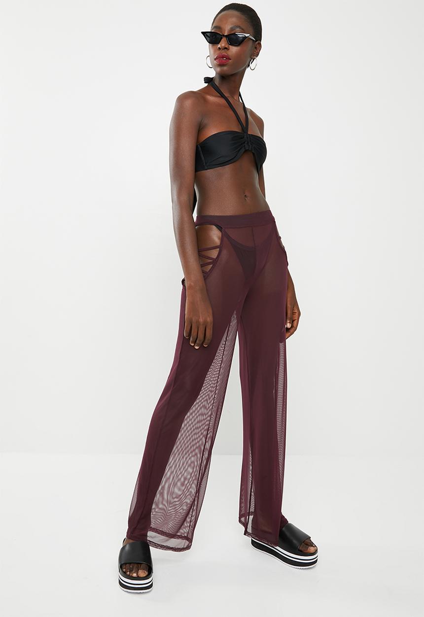 Missguided - Mesh lattice side trouser cover up - burgundy