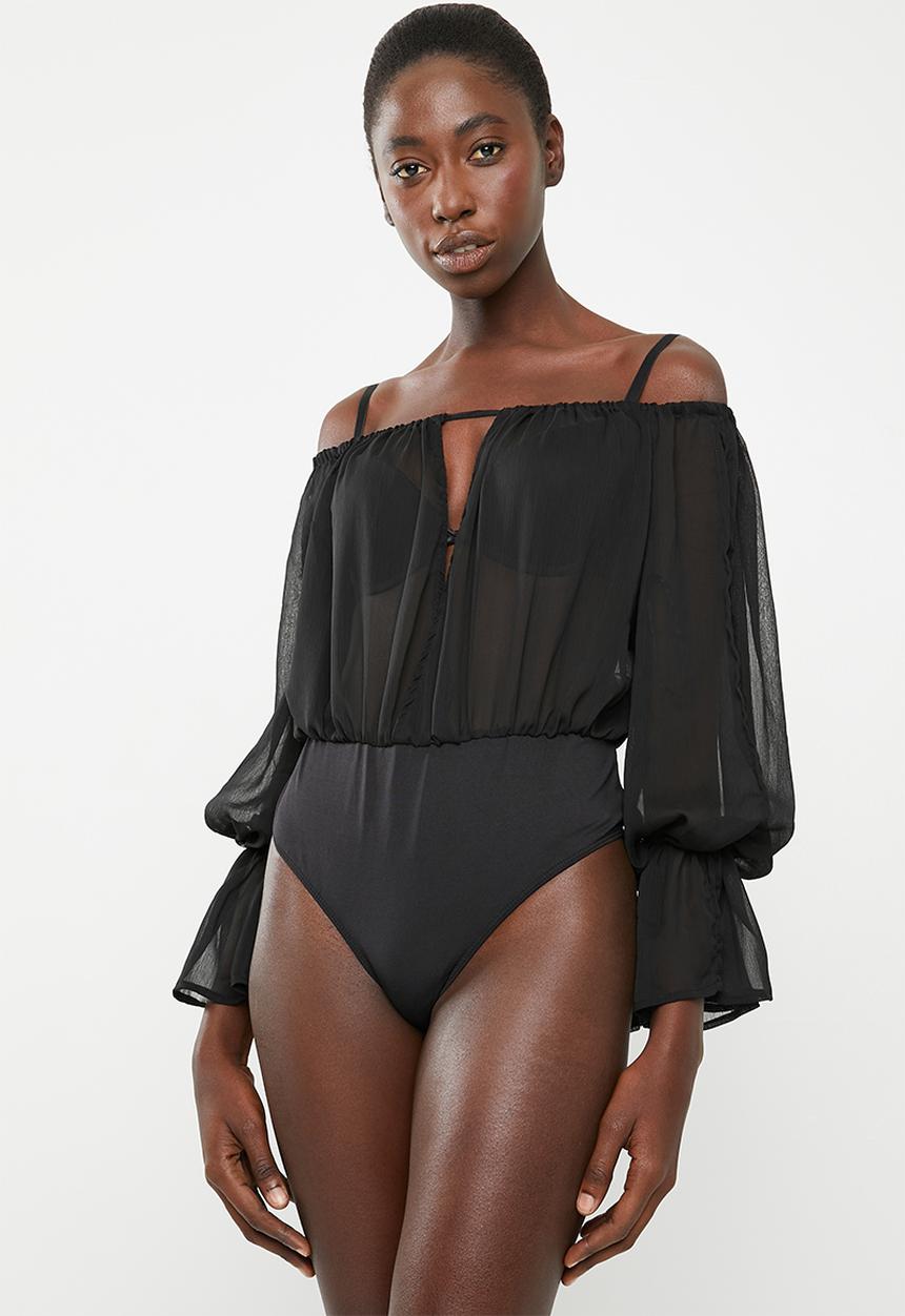 Missguided - Bardot frill sleeve keyhole bodysuit - black
