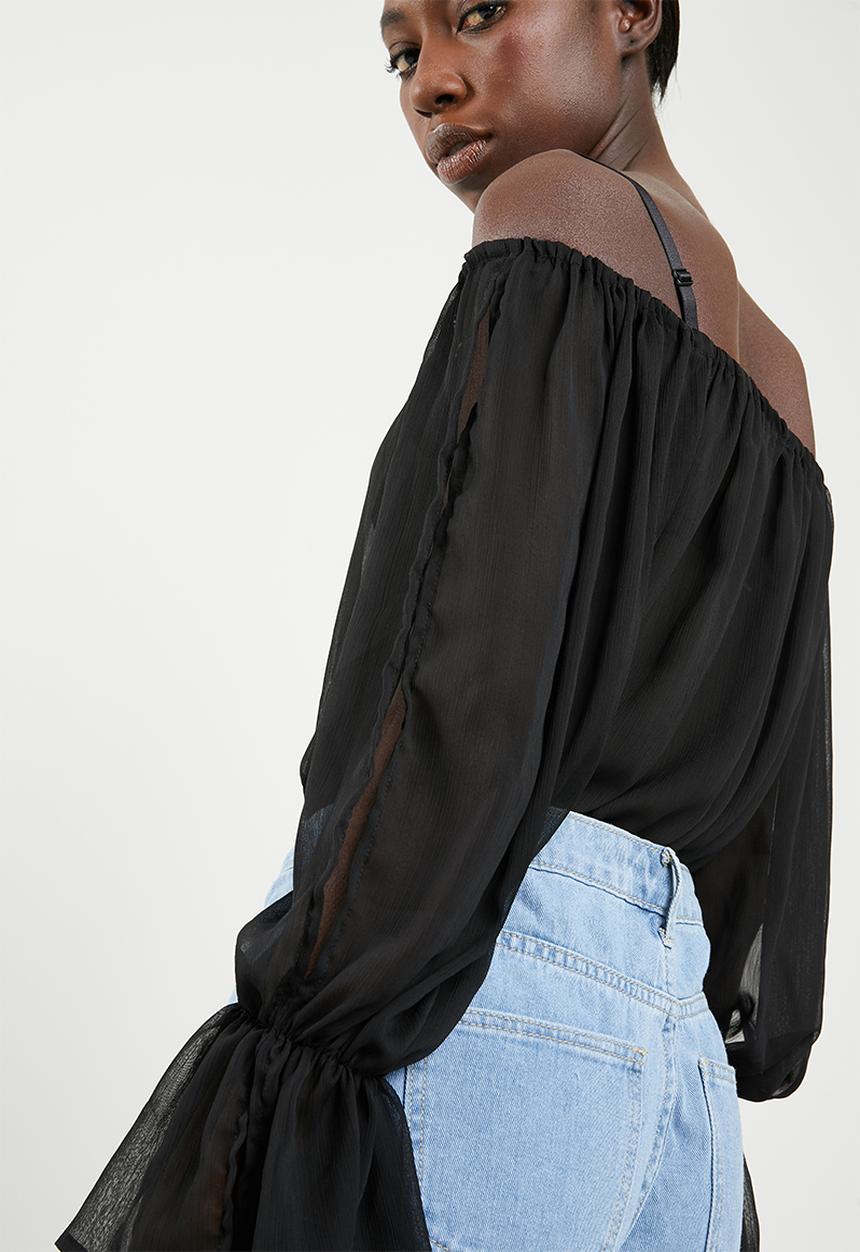 Missguided - Bardot frill sleeve keyhole bodysuit - black