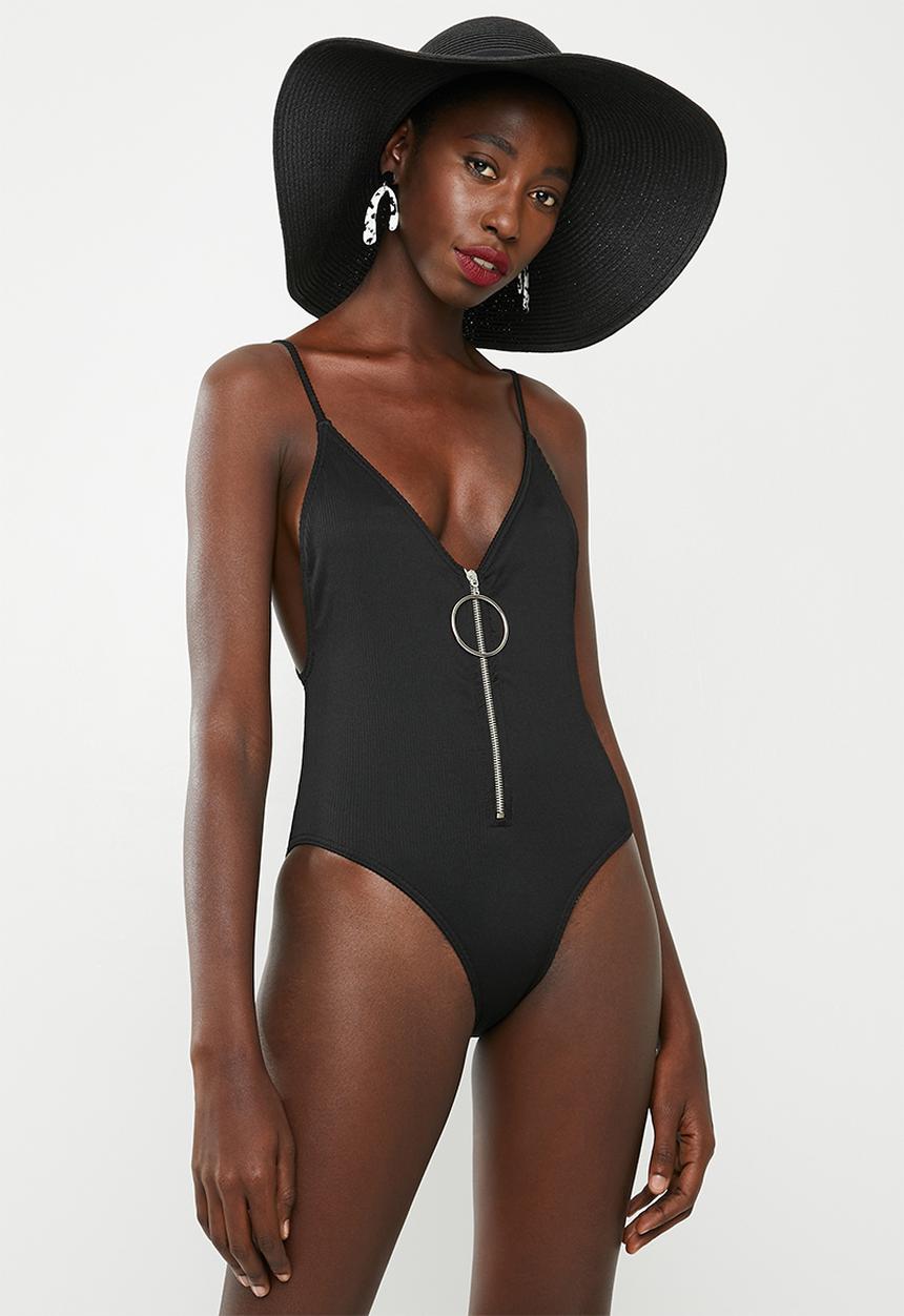 Missguided - Zipper rib high leg swimsuit - black 