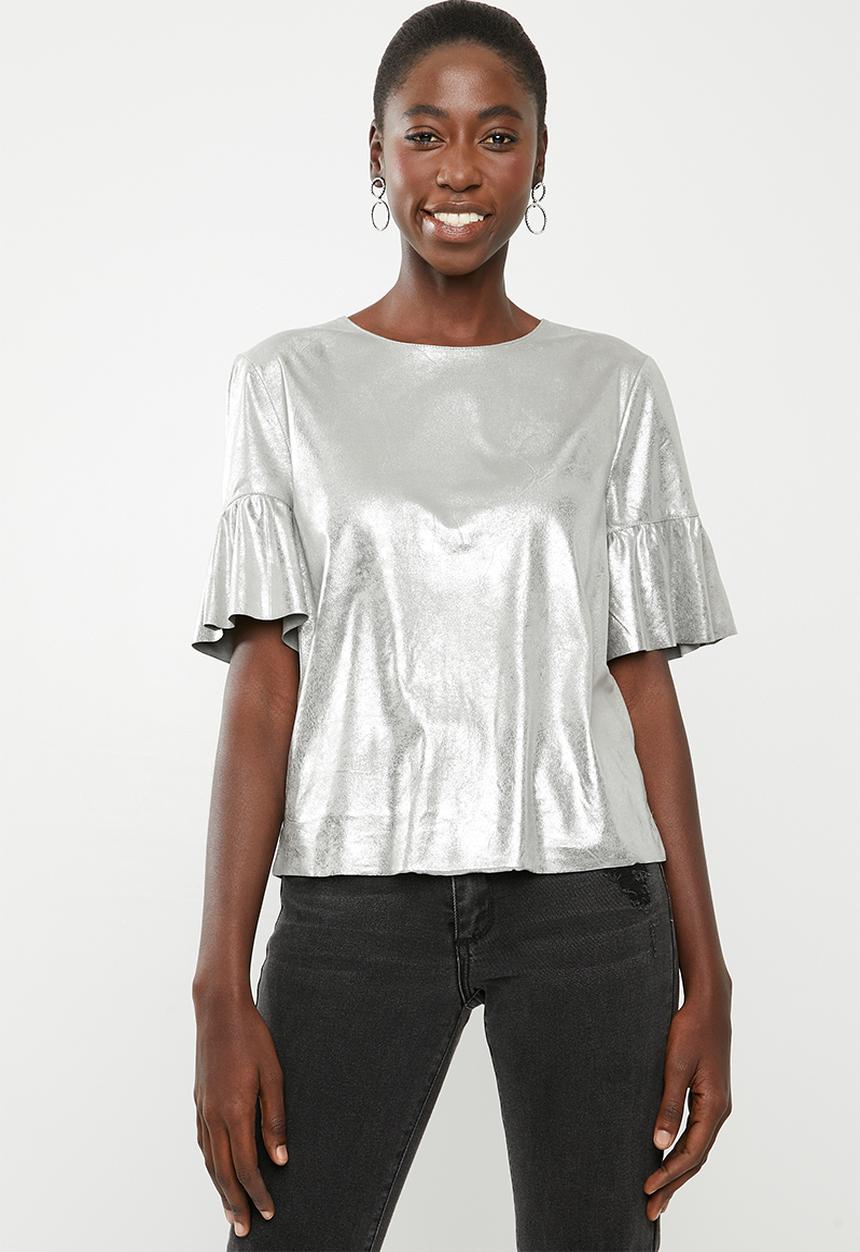 ONLY - Celine short sleeve faux suede frill top - silver