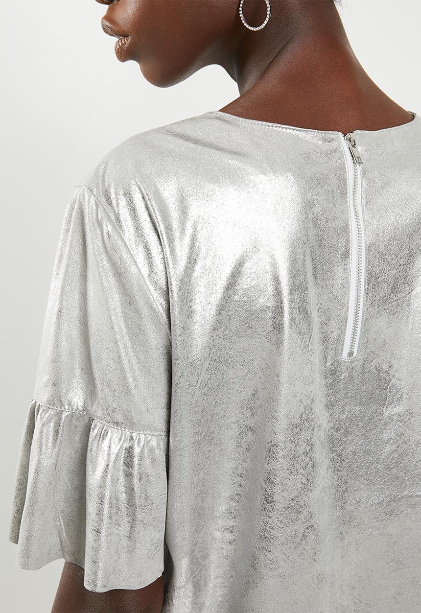 ONLY - Celine short sleeve faux suede frill top - silver