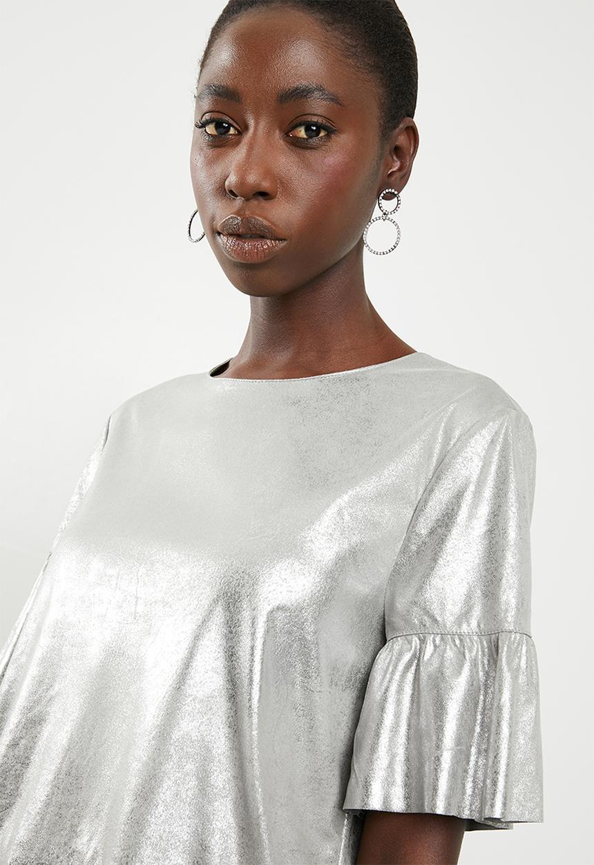 ONLY - Celine short sleeve faux suede frill top - silver