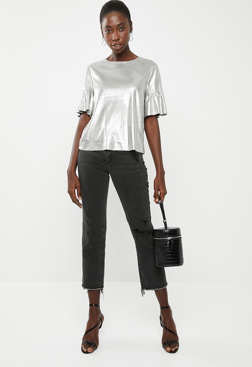 ONLY - Celine short sleeve faux suede frill top - silver