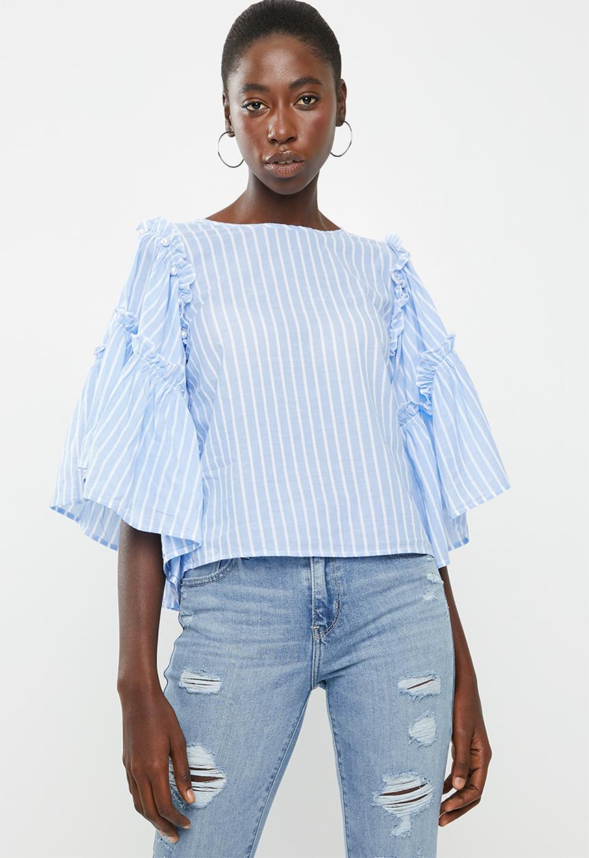 ONLY - Hala big sleeve frill denim top - blue