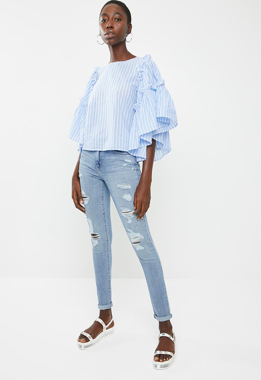 ONLY - Hala big sleeve frill denim top - blue