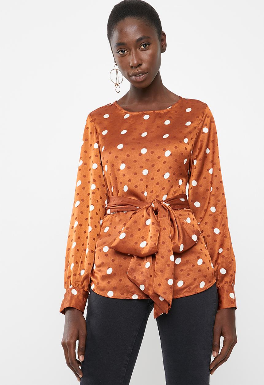 Vero Moda - Daniella dot tie long sleeve top - brown