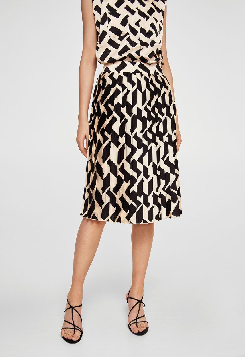 MANGO - Geometric print pleated skirt - black & cream