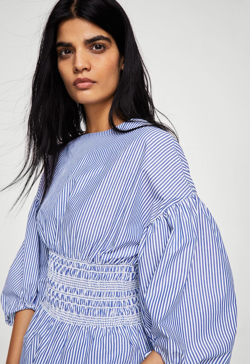 MANGO - Ruched detail striped blouse - blue & white