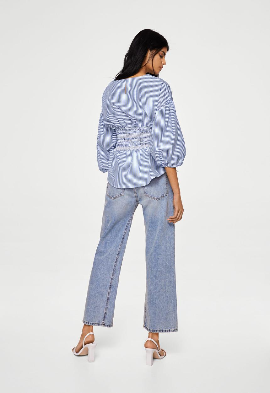 MANGO - Ruched detail striped blouse - blue & white