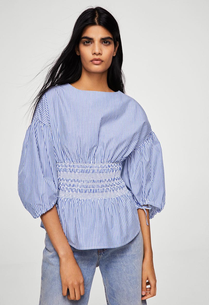 MANGO - Ruched detail striped blouse - blue & white