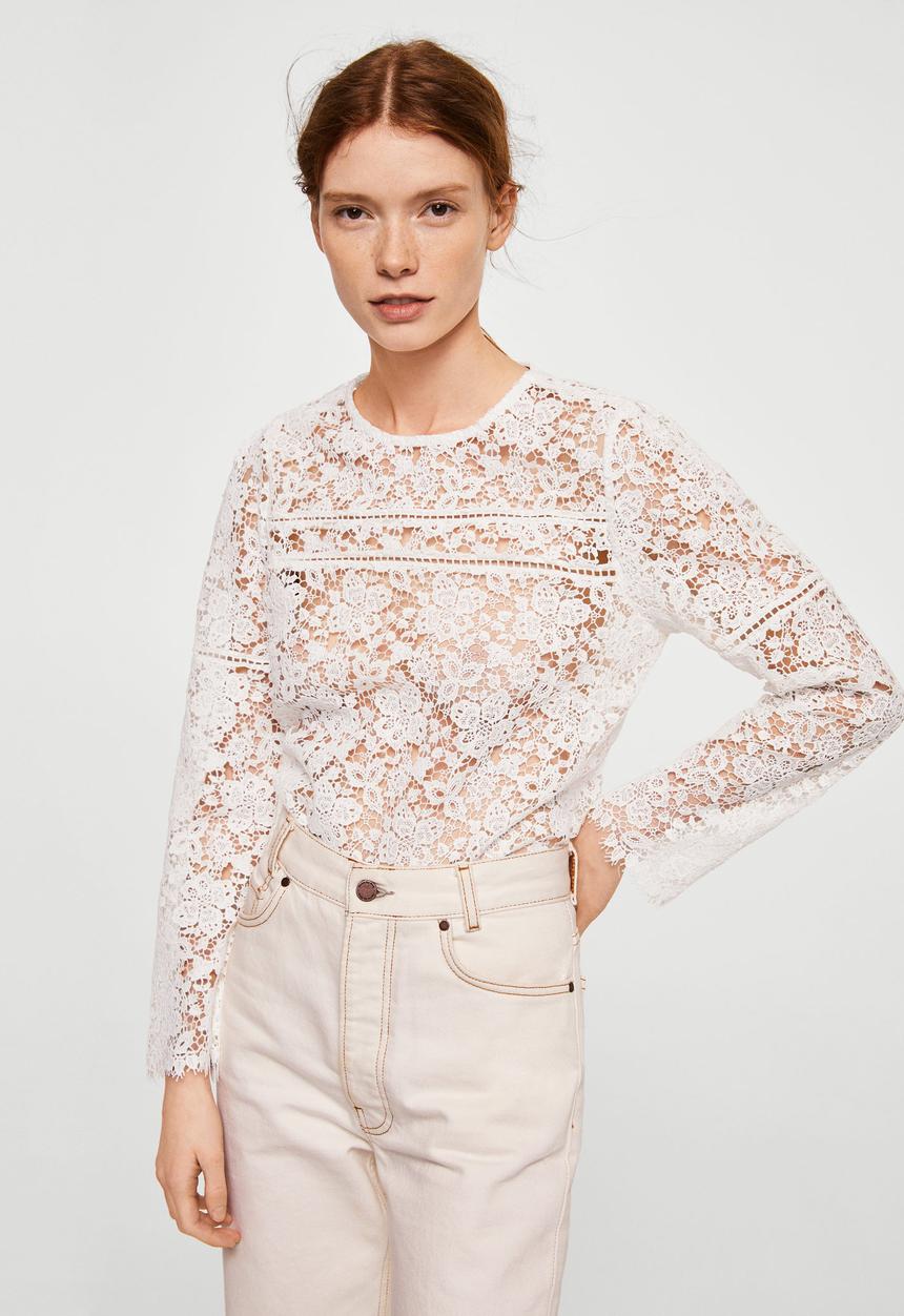 MANGO - Floral All-over Lace Blouse White