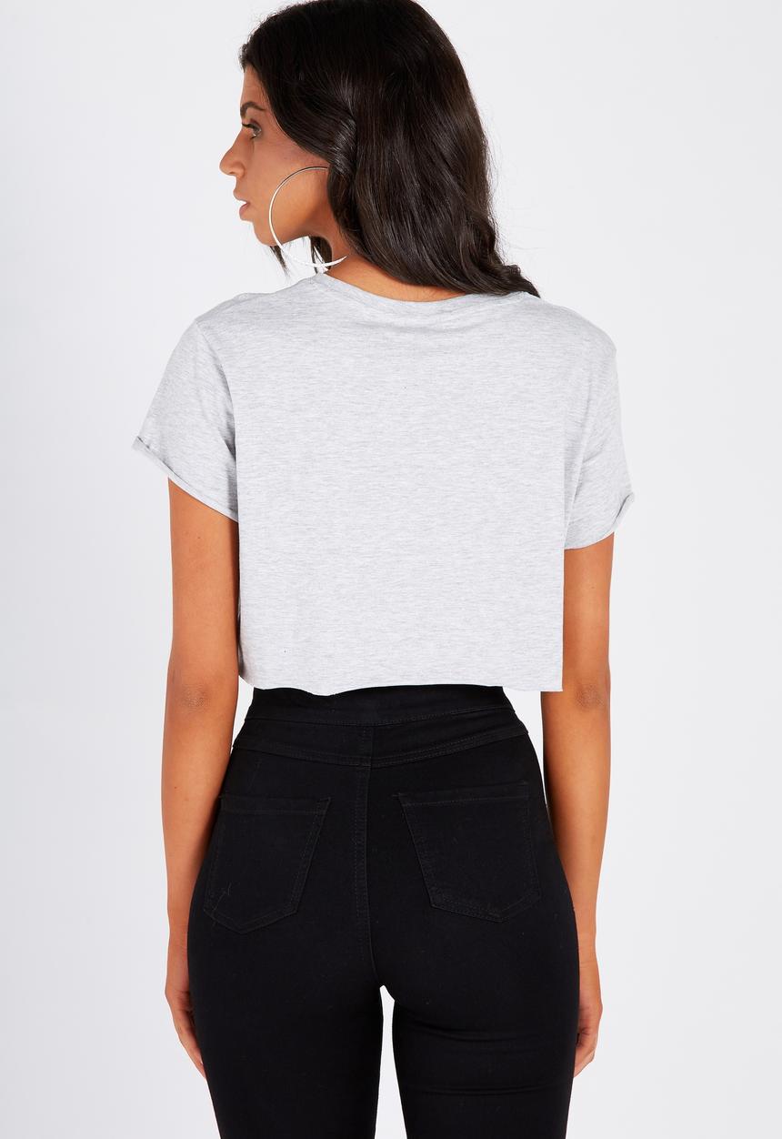 Supré  - Printed super crop tee marle flowers- grey