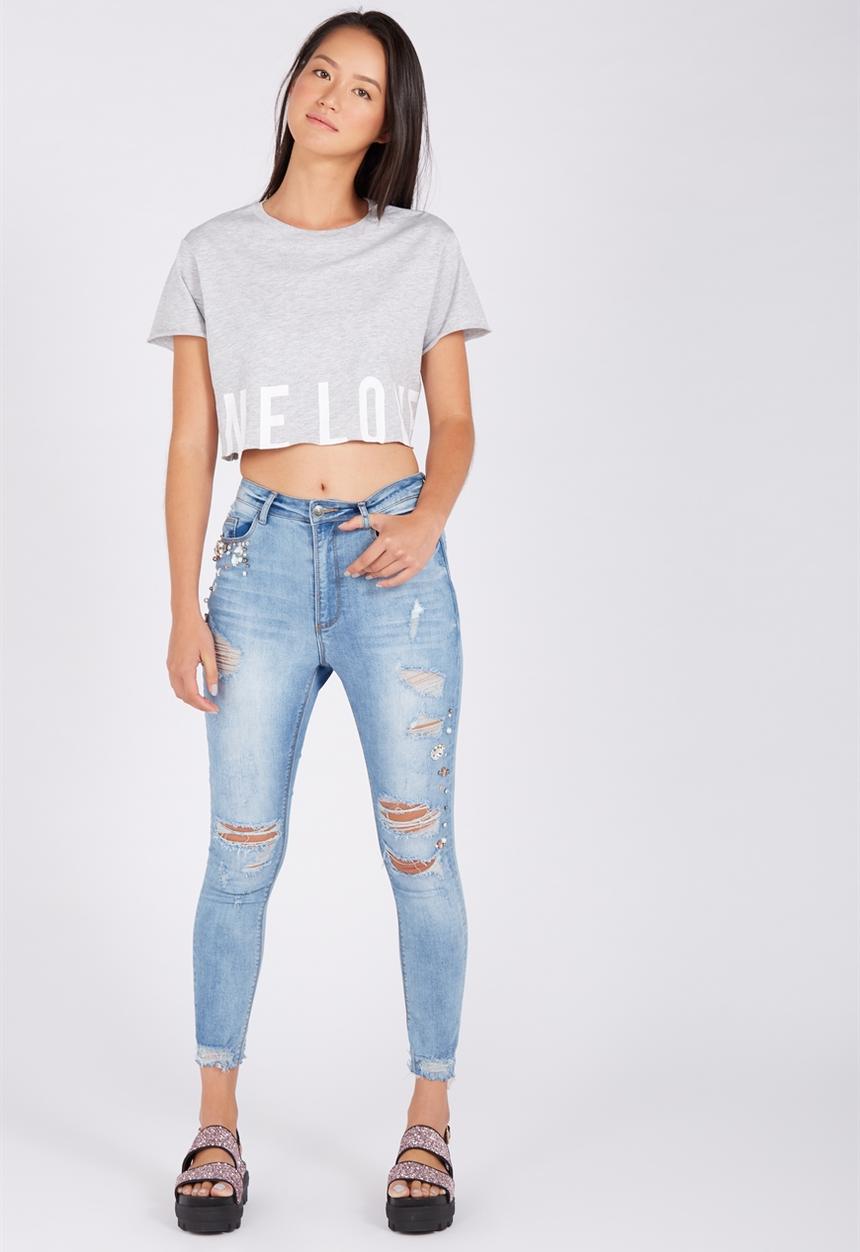 Supré  - Printed super crop tee marle one love - grey