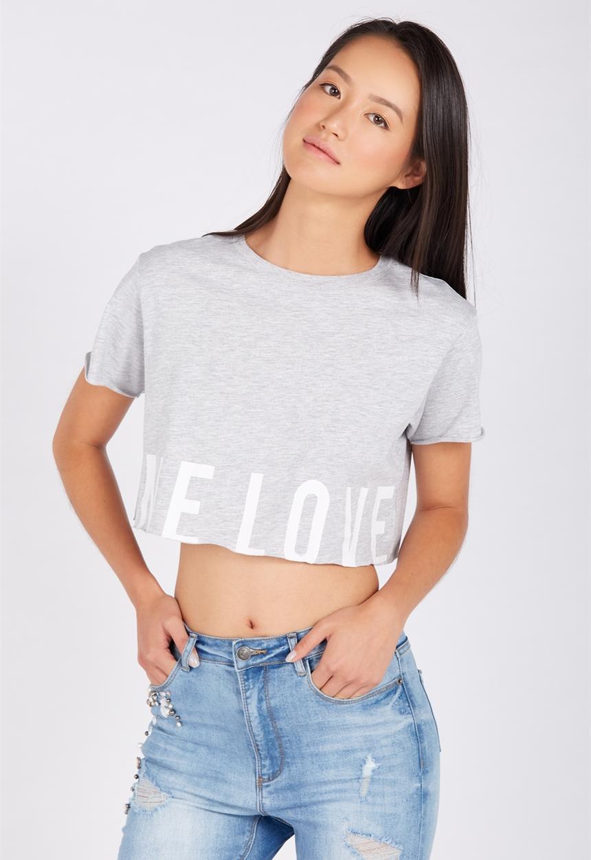 Supré  - Printed super crop tee marle one love - grey