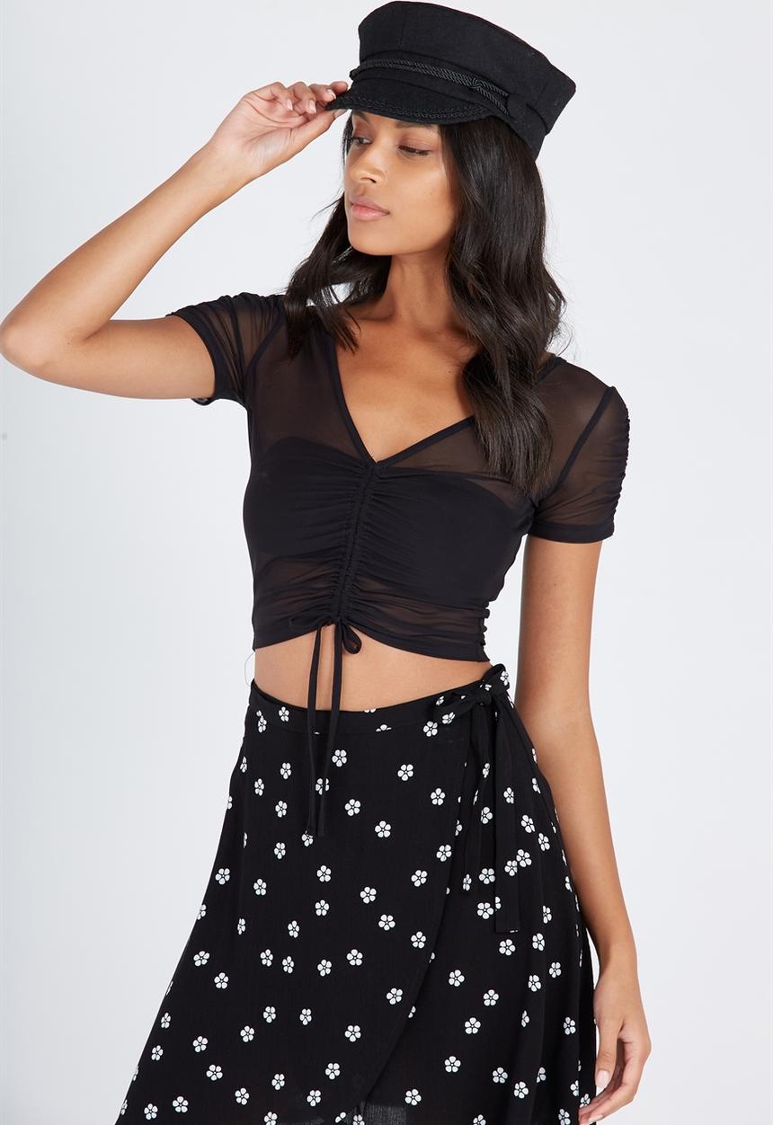 Supré  - Rouched mesh top - black 