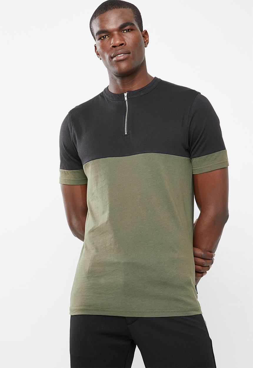 Only & Sons - Half zip colour block tee - black/olive