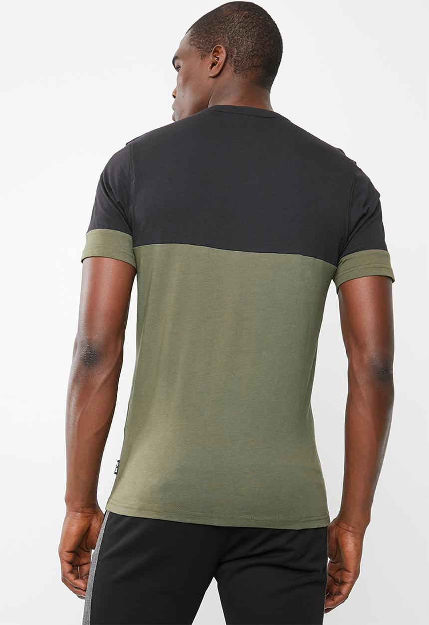 Only & Sons - Half zip colour block tee - black/olive