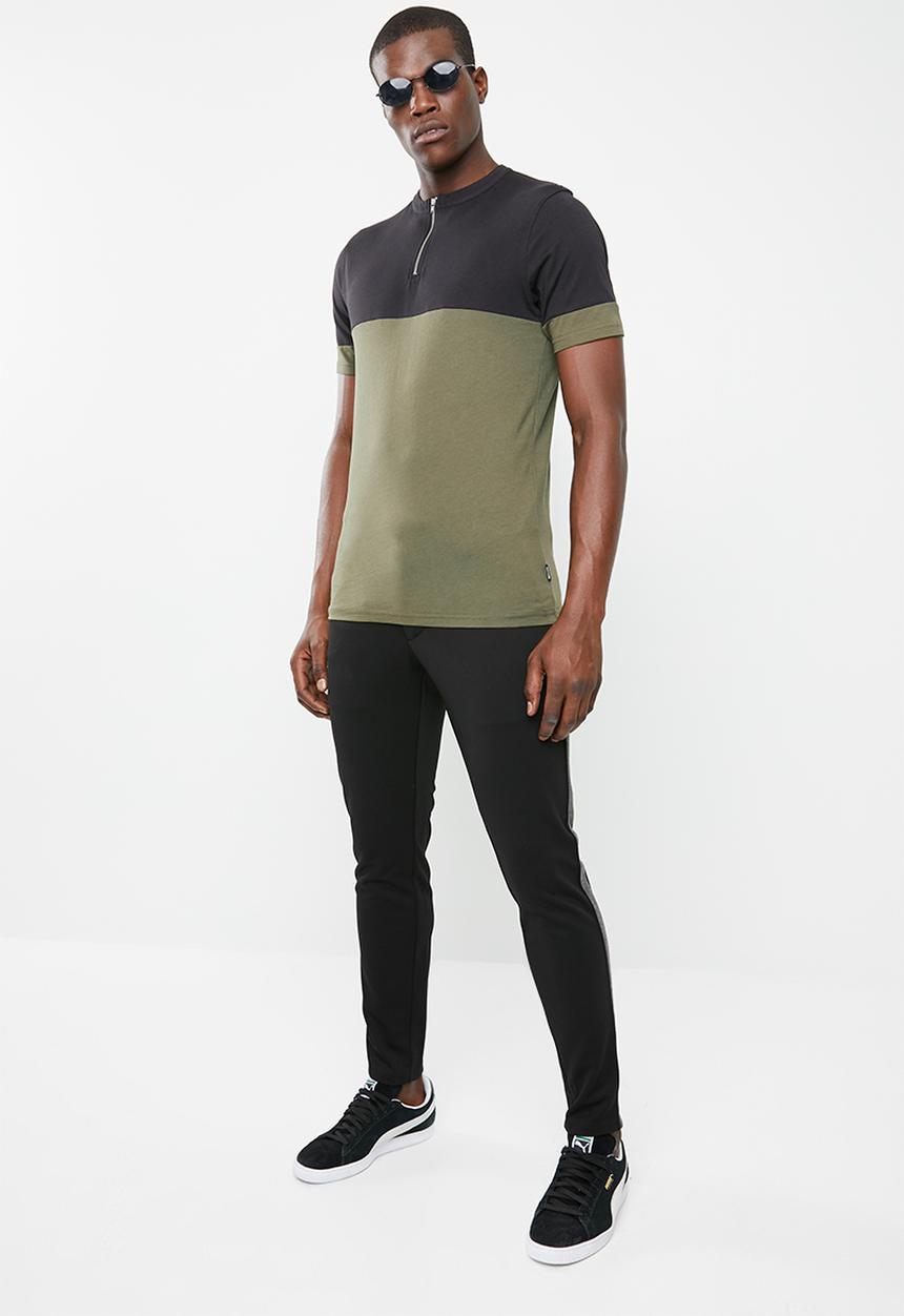 Only & Sons - Half zip colour block tee - black/olive