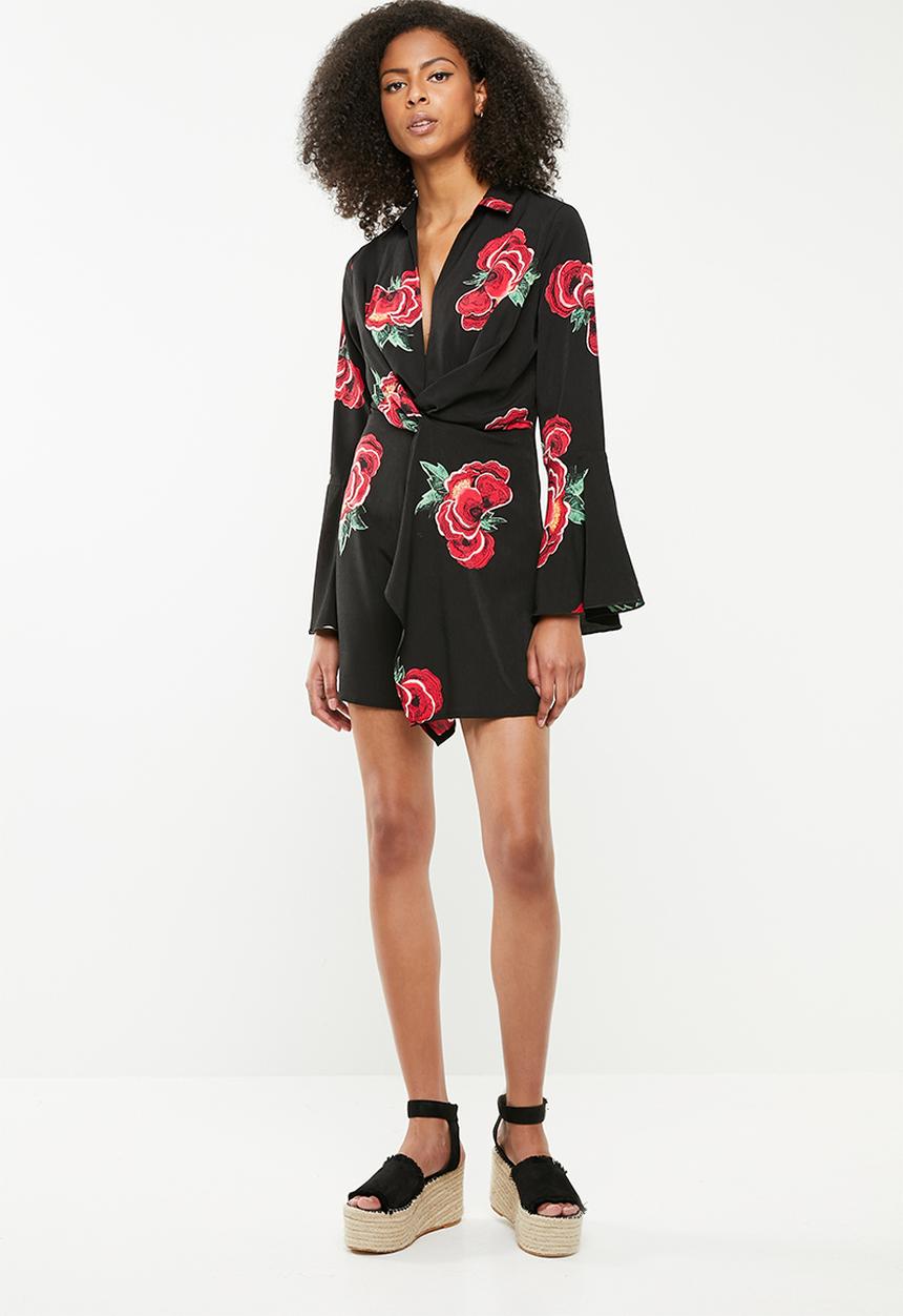 Missguided - Floral collared twist front flared sleeve dress- black