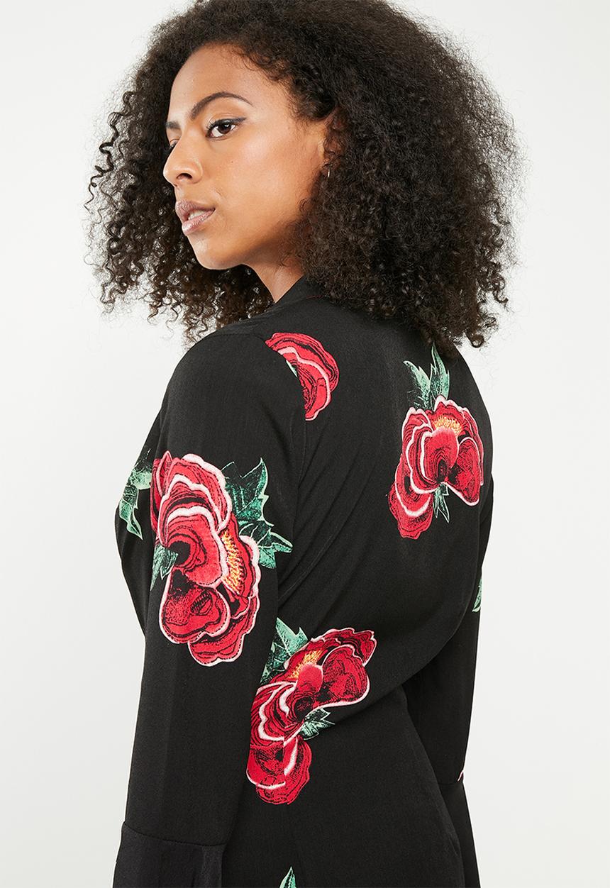 Missguided - Floral collared twist front flared sleeve dress- black