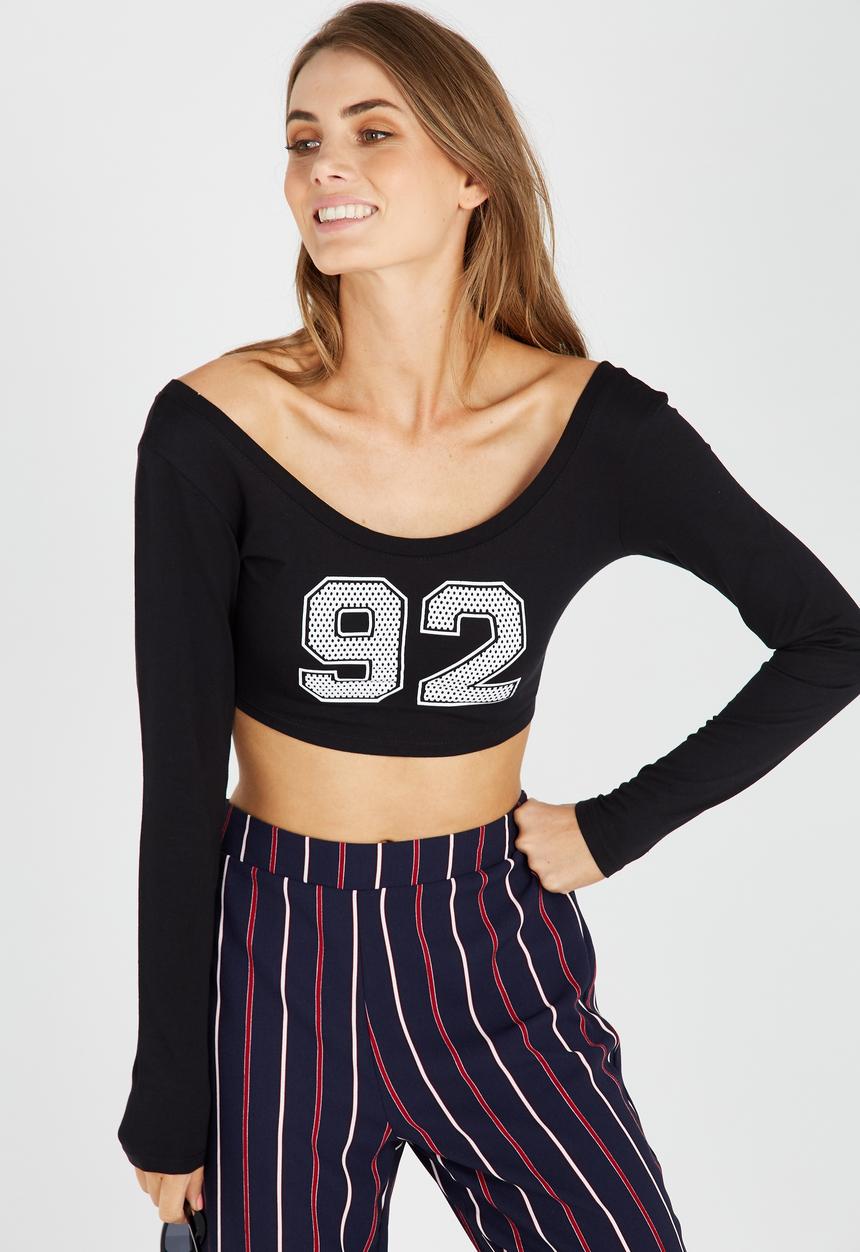 Supré  - Long sleeve printed tiny tee 92 mesh - black