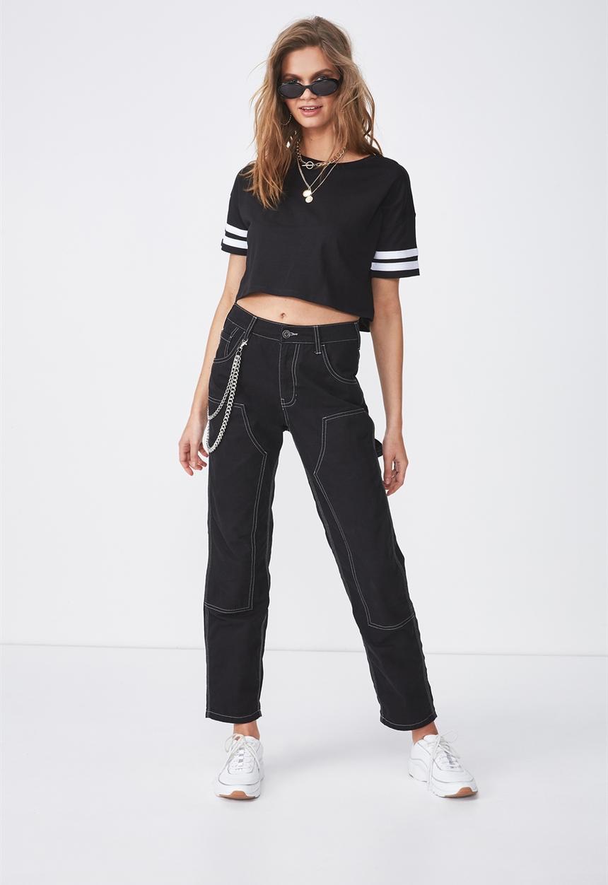 Supré  - Loose crop stripe sleeve tee - black