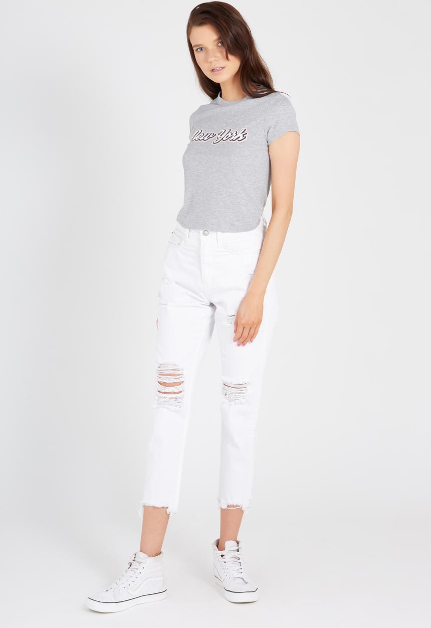 Supré  - Print rib crew tee - grey