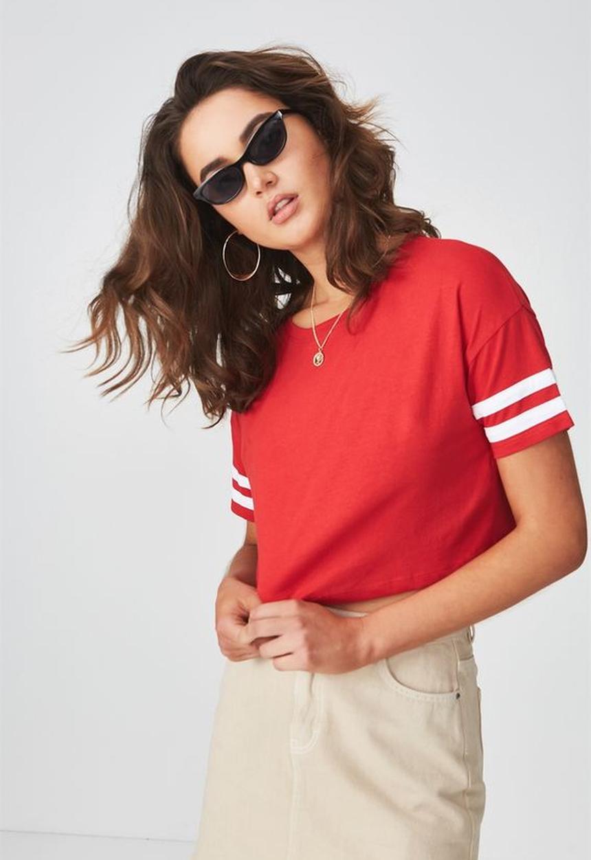 Supré  - Loose crop stripe sleeve tee - red