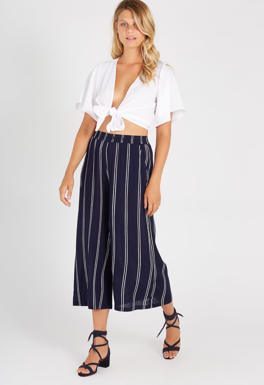 Supré  - Wide leg crinkle pinstripe pant - navy 
