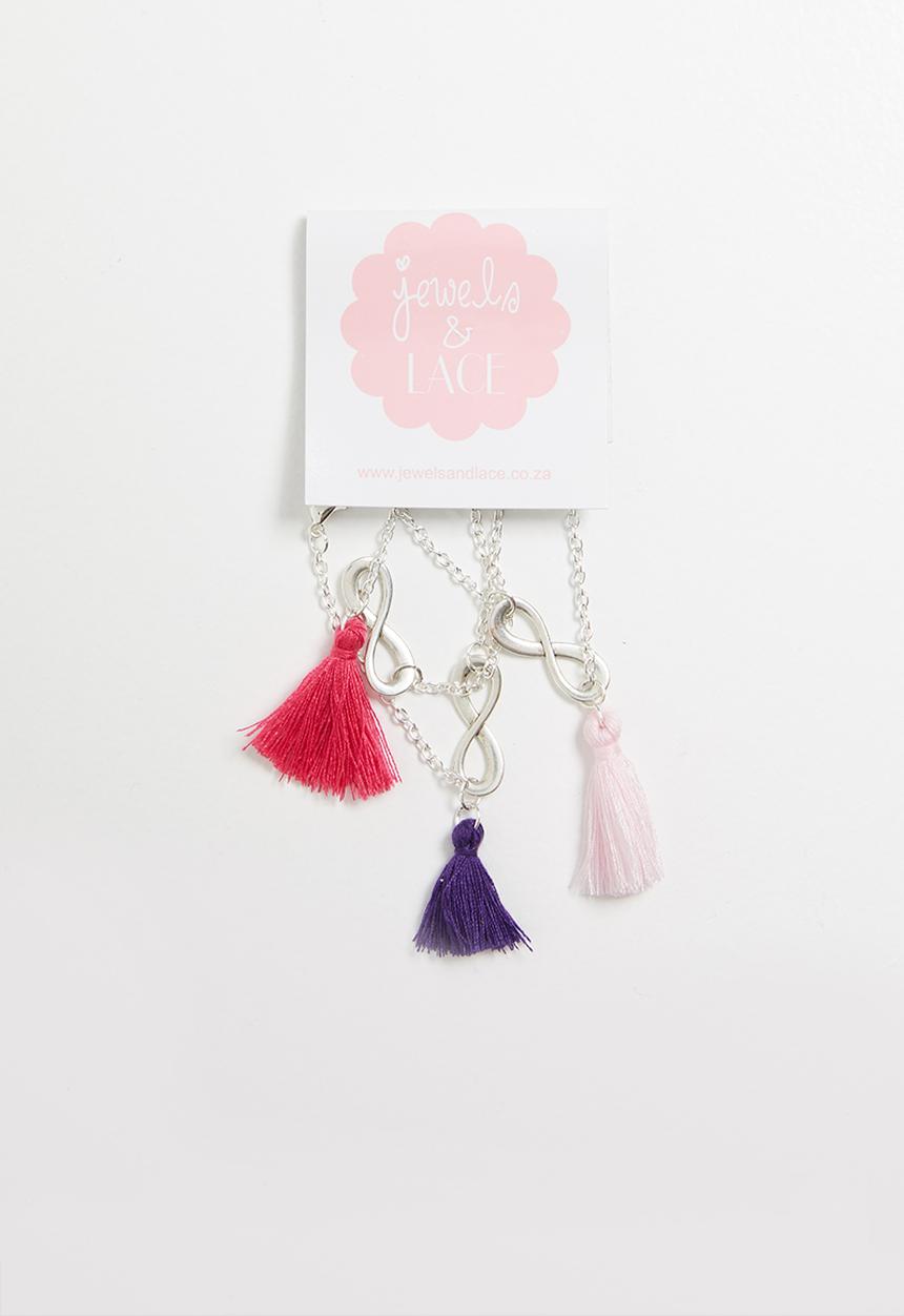 Jewels and Lace - Infinity tassel friendship 3 pack bracelet - silver