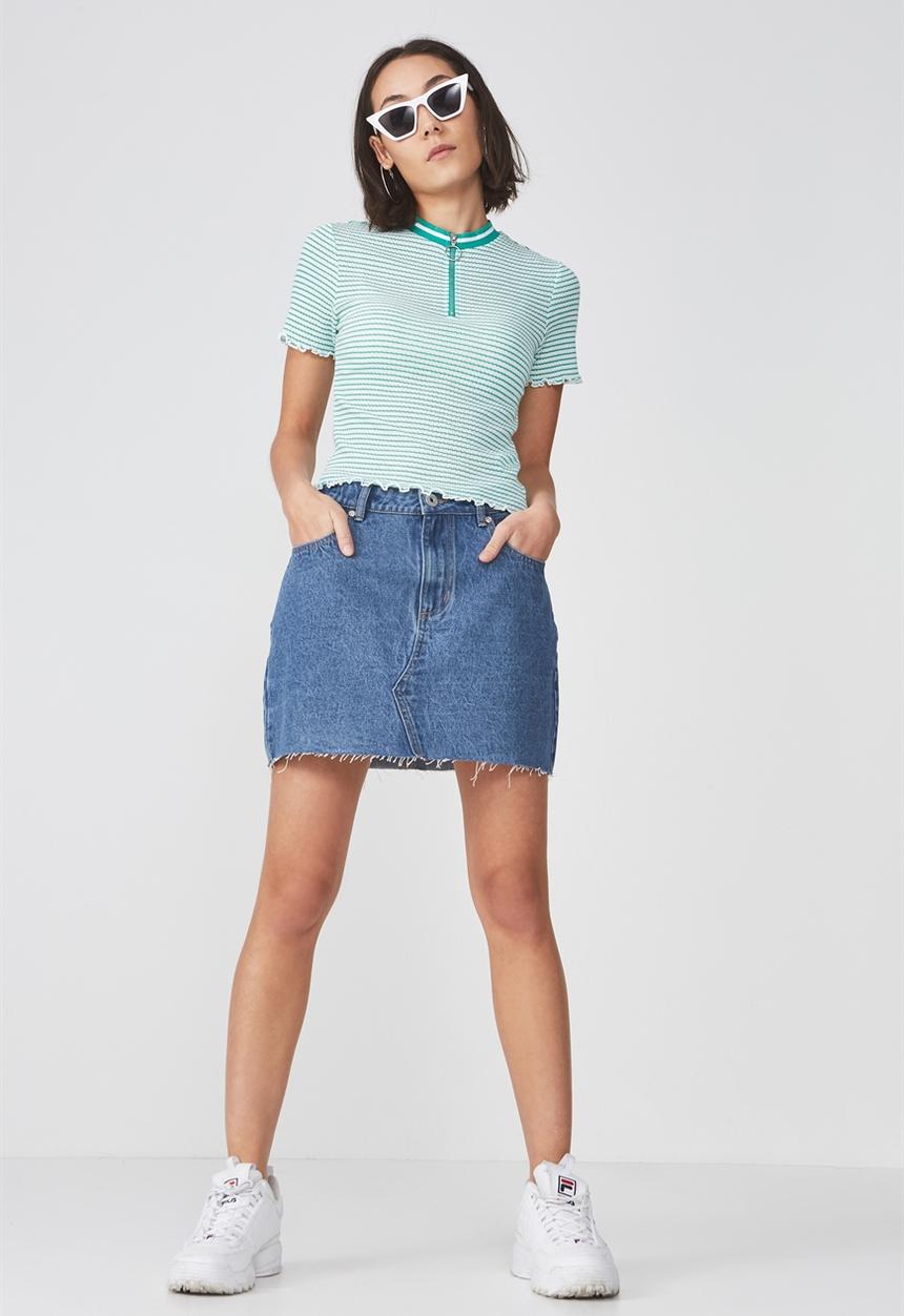 Factorie - Short sleeve quarter zip top - green & white 