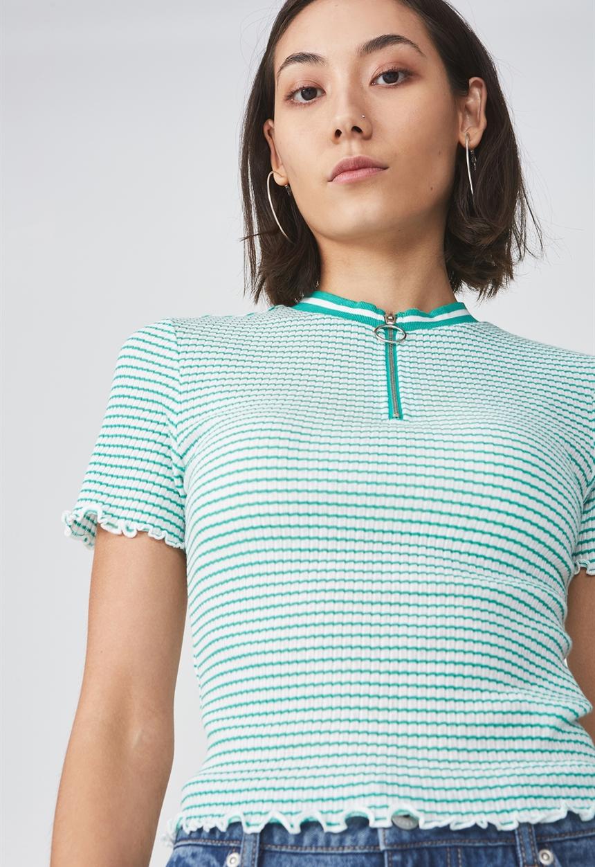 Factorie - Short sleeve quarter zip top - green & white 