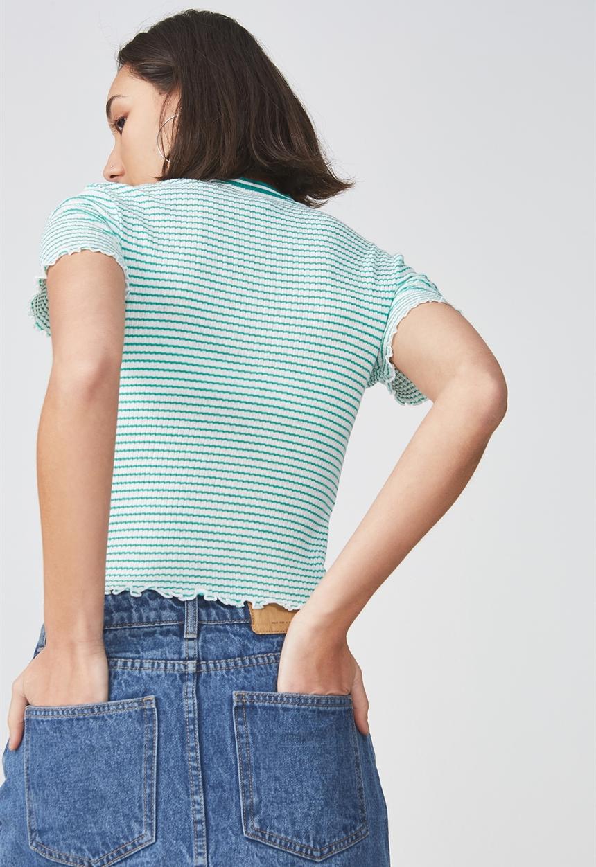 Factorie - Short sleeve quarter zip top - green & white 